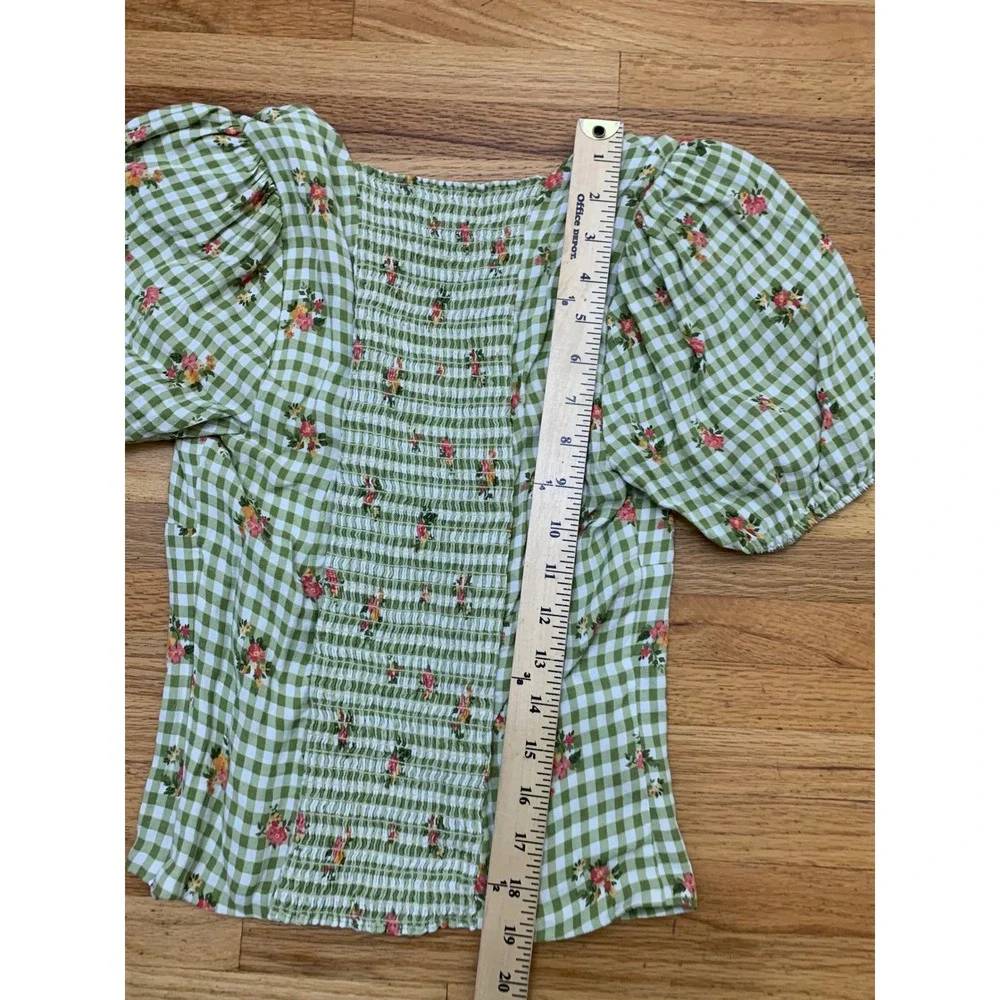 Reformation Green Gingham Floral Smocked Puff Sleeve Top Size 6 Sweetheart Neck